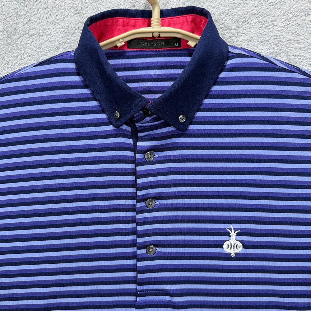 Greyson Polo Shirt Mens Medium Ohoopee Match Club Onion Golf Blue Stripe Stretch